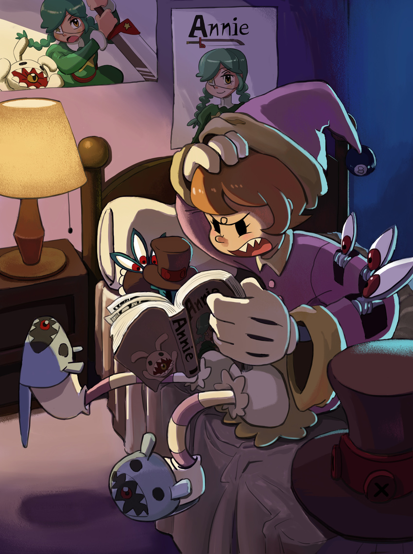 1girl annie_(skullgirls) annie_of_the_stars avery_(skullgirls) bed bird book comic eyepatch gloves green_hair hat highres lamp mechanicla_arms open_mouth orange_hair pajamas peacock_(skullgirls) reading red_eyes sagan_(skullgirls) sharp_teeth short_hair skullgirls slippers sword top_hat yellow_eyes