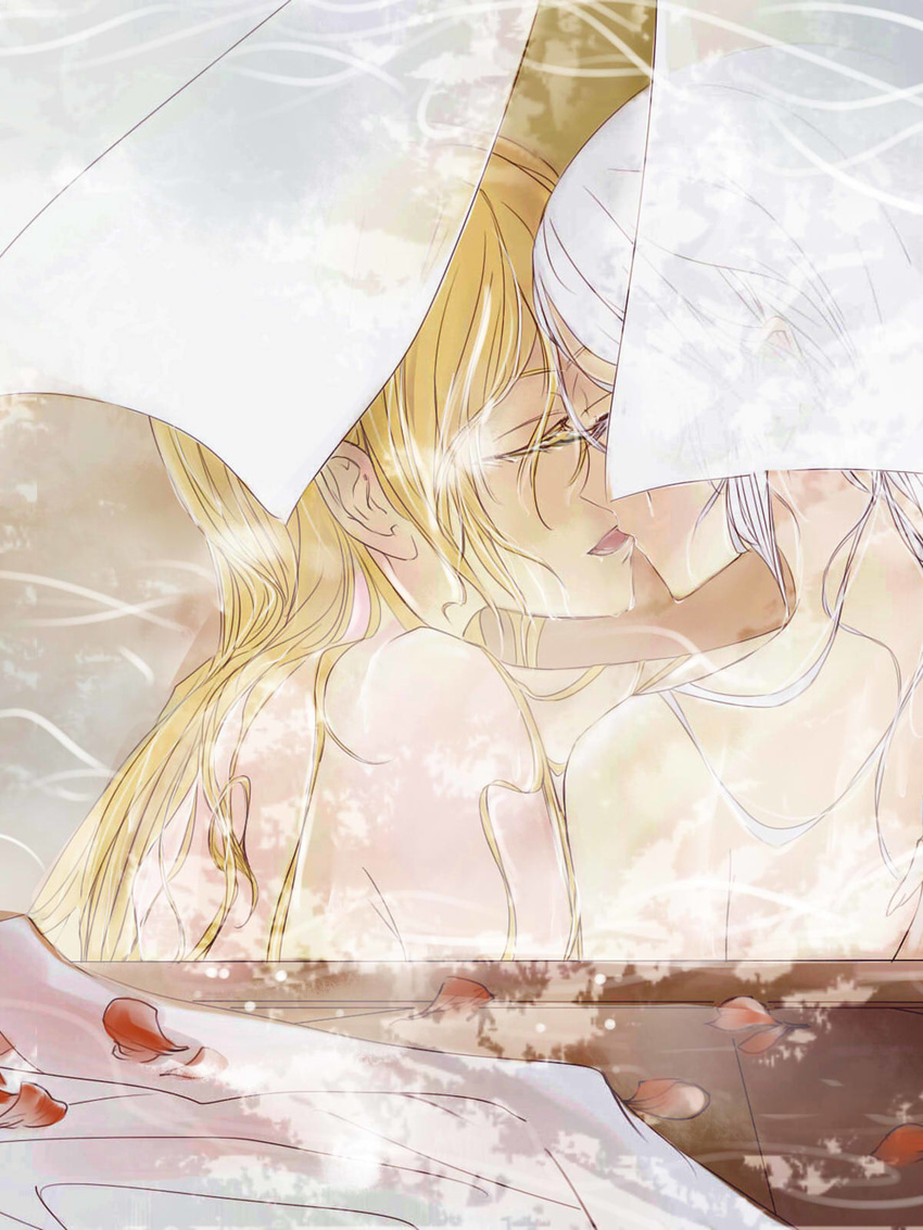 alpha.e bathing bathtub biting blonde_hair closed_eyes clothes_removed colored_eyelashes couple curtains ears highres hug kiss lip_biting long_hair multiple_girls open_mouth petals rose_petals silver_hair tongue touhou transparent upper_body water wet wet_hair yagokoro_eirin yakumo_yukari yuri