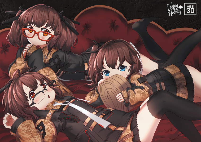 3girls ags-30_(girls_frontline) ahoge black_legwear blue_eyes blush brown_hair commentary couch date drum_magazine english_text girls_frontline glasses hair_ornament highres looking_at_viewer lying military military_operator military_uniform multiple_girls no_shoes on_stomach open_mouth optical_camouflage persocon93 red_eyes sheath sheathed side_ponytail thighhighs twintails uniform weapon