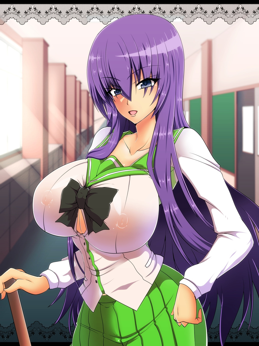 1girl areolae blue_eyes bow bowtie breasts busujima_saeko curvy hallway highres highschool_of_the_dead huge_breasts impossible_clothes long_hair looking_at_viewer nipples purple_hair school_uniform see-through skirt smile solo standing tonyman_plus transparent