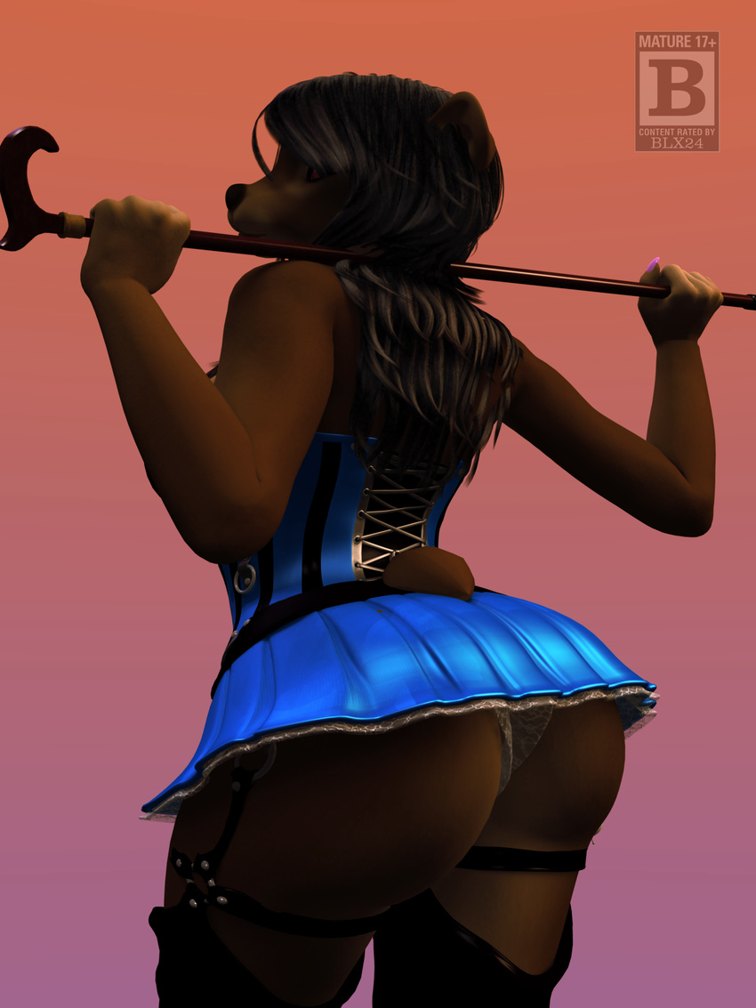 2015 anthro bear big_butt black_hair black_nose blx24 brown_fur butt cane clothed clothing dress female fur hair hi_res legwear long_hair looking_back mammal nails panties red_eyes smile solo standing stockings thick_thighs underwear wide_hips