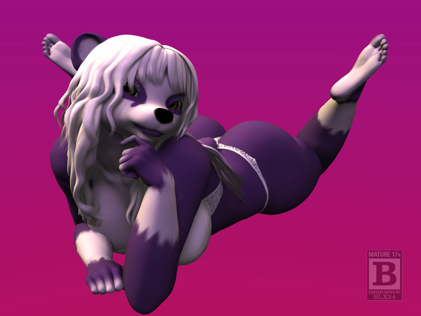 2015 3d anthro bear big_breasts big_butt black_nose blx24 bra breasts butt clothing female fur green_eyes hair hi_res hindpaw lips long_hair looking_at_viewer lying mammal nails on_front panda panties paws purple_fur purple_lips solo thong underwear white_fur white_hair