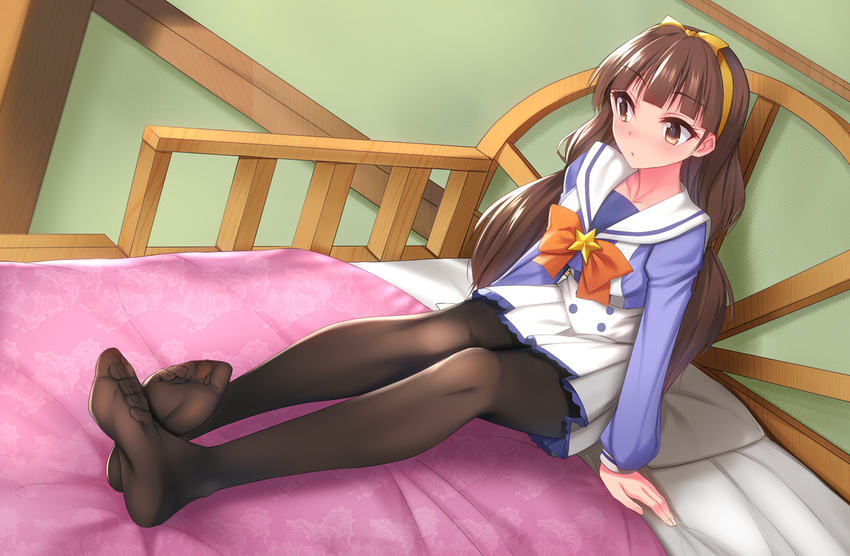 amanogawa_kirara bed black_legwear blush brown_eyes brown_hair feet full_body go!_princess_precure hairband long_hair long_legs noble_academy_school_uniform pantyhose precure school_uniform sitting solo yuki_usagi_(mofurafu)