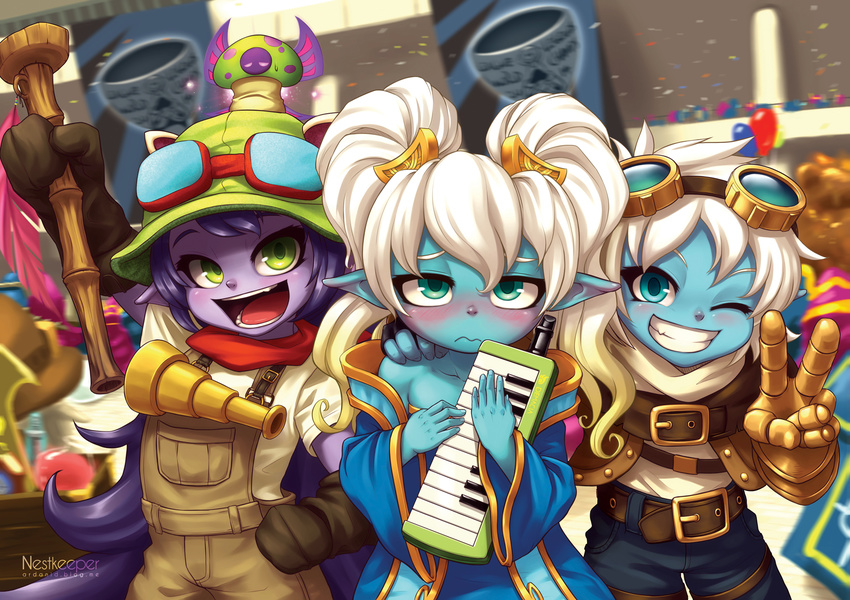 :d ;) animal_ears aqua_eyes artist_name bare_shoulders blonde_hair blue_eyes clenched_teeth cosplay ezreal ezreal_(cosplay) gloves gradient_hair green_eyes hat highres instrument league_of_legends long_hair looking_at_viewer lulu_(league_of_legends) multicolored_hair multiple_girls nestkeeper one_eye_closed open_mouth pix poppy purple_hair short_hair smile sona_buvelle sona_buvelle_(cosplay) teemo teemo_(cosplay) teeth tristana twintails v very_long_hair watermark web_address white_hair yordle