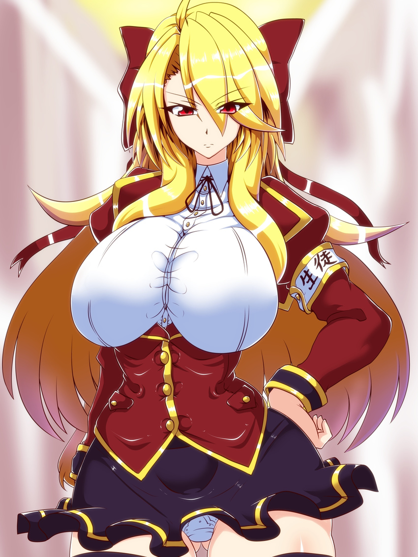 angry armband blonde_hair breasts curvy gluteal_fold hair_ribbon hand_on_hip highres huge_breasts legs long_hair looking_at_viewer panties red_eyes ribbon school_uniform serious simple_background skirt solo standing thighs tonyman_plus underwear white_panties wide_hips