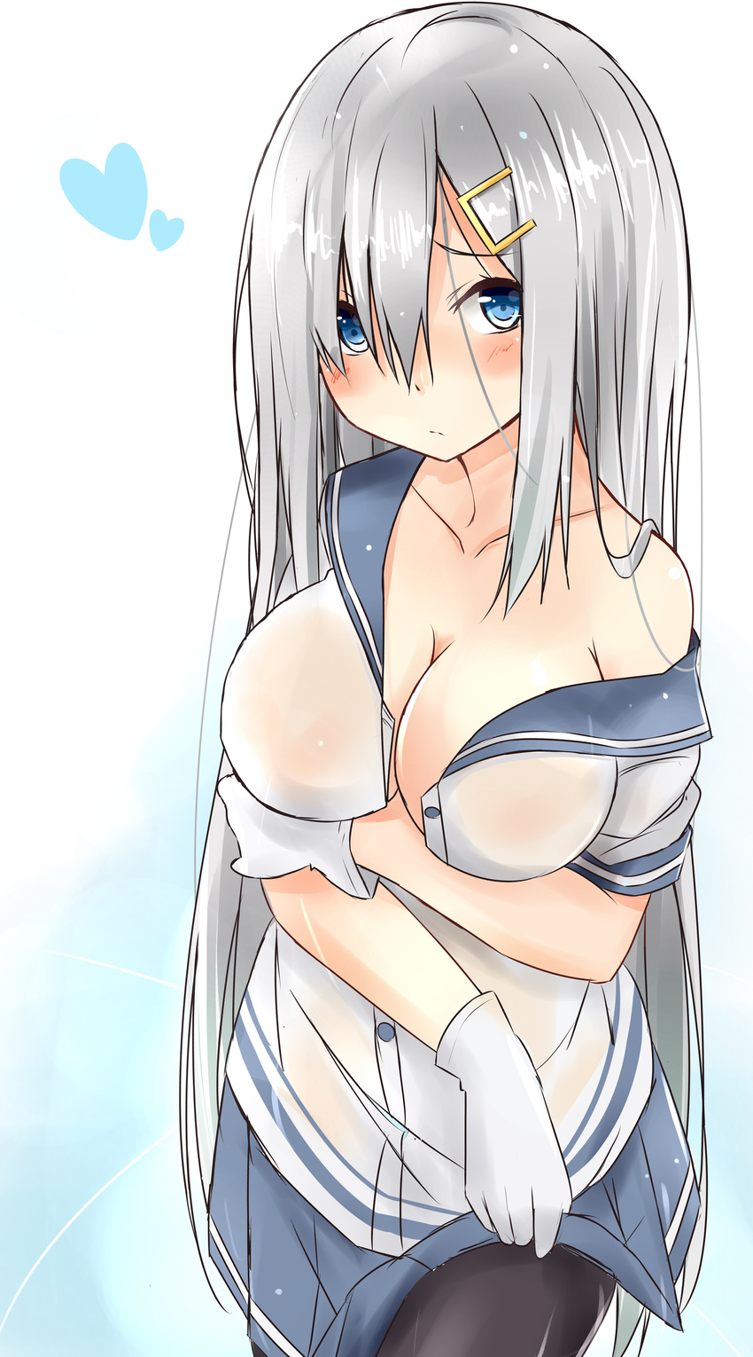 absurdres alternate_hair_length alternate_hairstyle bare_shoulders blue_eyes blush breast_hold breasts cleavage gloves hair_ornament hairclip hamakaze_(kantai_collection) highres kantai_collection large_breasts long_hair looking_at_viewer off_shoulder pantyhose saku_(kudrove) school_uniform serafuku silver_hair skirt skirt_lift solo very_long_hair wet wet_clothes white_gloves