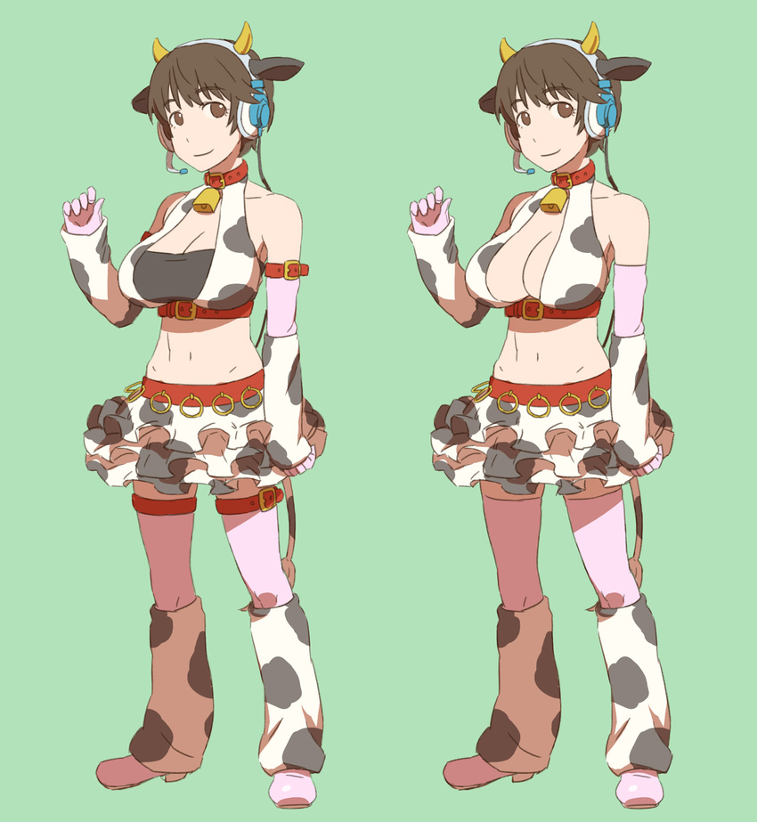 animal_ears animal_print bare_shoulders bell bell_collar belt blush boots breasts brown_eyes brown_hair cleavage collar comparison cow_bell cow_ears cow_horns cow_print detached_sleeves ebinera headset highres horns idolmaster idolmaster_cinderella_girls large_breasts midriff multiple_views navel oikawa_shizuku short_hair shorts sketch