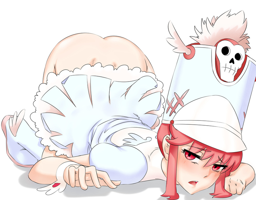 absurdres all_fours artist_request ass blush boots dimples_of_venus dress hat highres jakuzure_nonon kill_la_kill looking_at_viewer no_panties open_mouth pink_eyes pink_hair shako_cap solo stormcow top-down_bottom-up uniform winged_hat winged_shoes