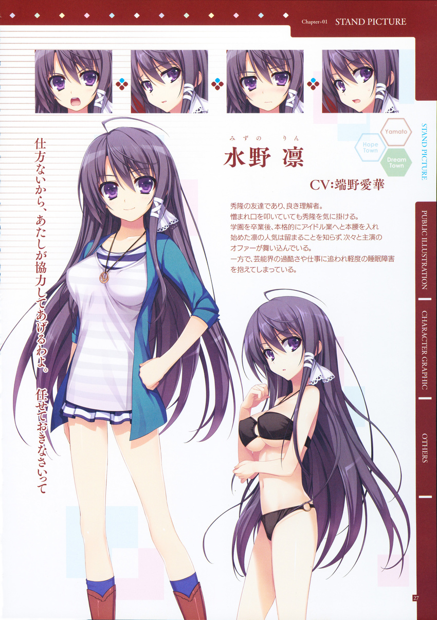 absurdres bikini blue_hair character_name detached_collar dress expressions from_side halterneck hands_on_hips highres jewelry long_hair looking_at_viewer mizuno_rin o-ring o-ring_bottom o-ring_top purple_eyes reminiscence simple_background solo swimsuit tomose_shunsaku very_long_hair white_background