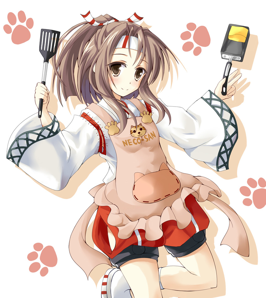 apron brown_eyes brown_hair closed_mouth hachimaki headband highres hiiragi_tomoka kantai_collection long_hair long_sleeves ponytail smile solo spatula wide_sleeves zuihou_(kantai_collection)