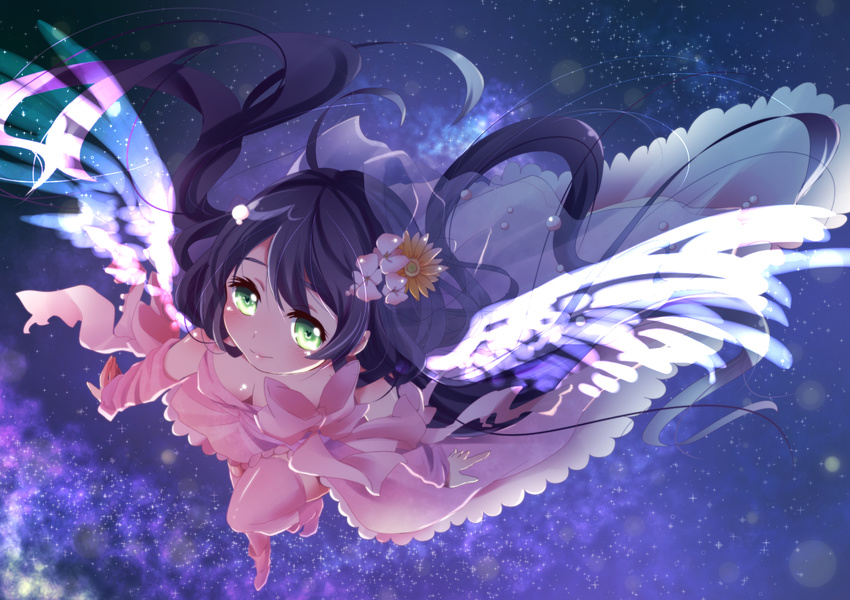 angel_wings bad_id bad_pixiv_id breasts detached_sleeves downblouse dress flower green_eyes hair_flower hair_ornament kuromame_(8gou) long_hair love_live! love_live!_school_idol_project medium_breasts pink_dress pink_legwear purple_hair smile solo thighhighs toujou_nozomi very_long_hair wings zettai_ryouiki