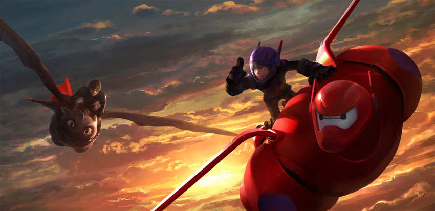 armor baymax big_hero_6 black_hair brown_hair cloud crossover diaodiao dragon fantasy flying helmet hiccup_horrendous_haddock_iii highres hiro_hamada how_to_train_your_dragon male_focus mecha multiple_boys robot science_fiction short_hair sky sunset toothless