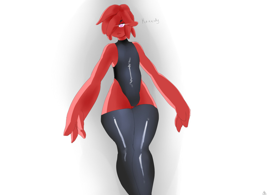 2015 alien astral_seven bulge front_view girly humanoid kaxxidy legwear leotard looking_at_viewer male pink_eyes puwa red_skin smile solo tendrils thick_thighs thigh_highs wide_hips