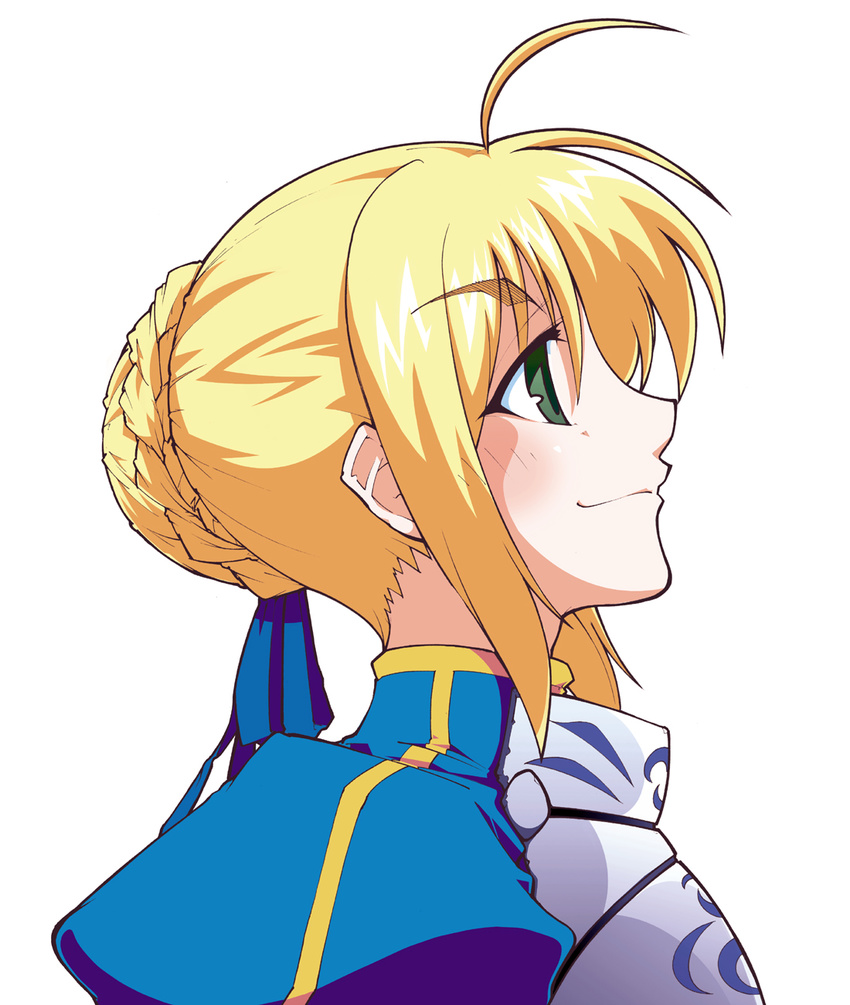 ahoge artoria_pendragon_(all) blonde_hair fate/stay_night fate_(series) green_eyes hair_bun highres profile saber smile solo usuiken