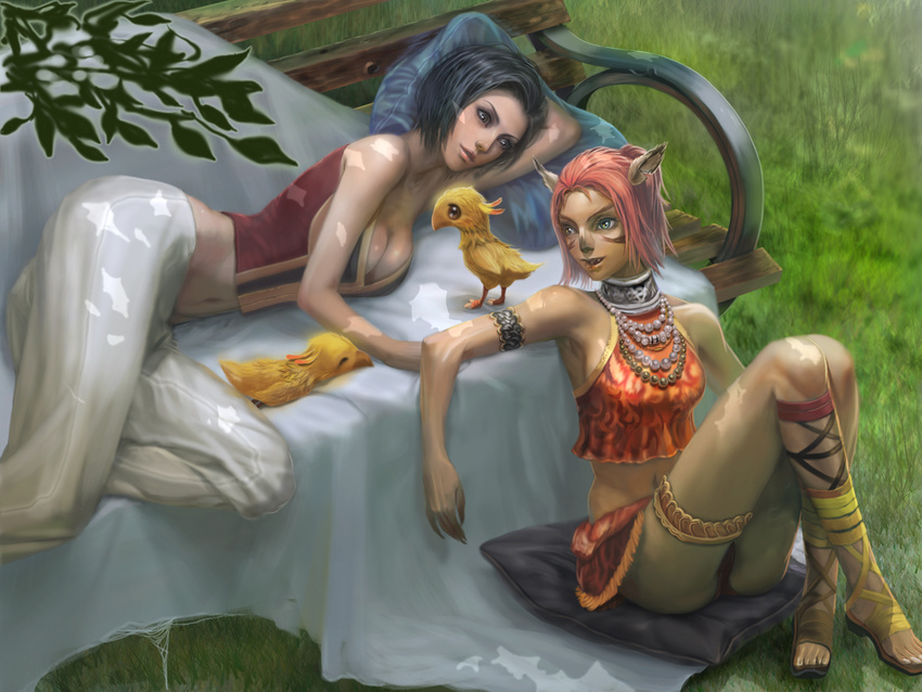 animal_ears armband bare_shoulders bench black_hair breasts chicobo chocobo cleavage collarbone final_fantasy final_fantasy_xi garters hume jewelry large_breasts lying midriff mithra multiple_girls navel necklace numi pillow red_hair short_hair sitting