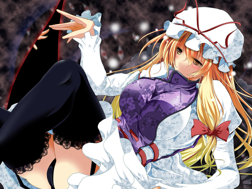 blonde_hair breasts gap garter_straps hat highres huge_breasts lace lace-trimmed_thighhighs legs legs_up long_hair panties reiha_(penetrate) solo thighhighs thighs touhou underwear yakumo_yukari yellow_eyes