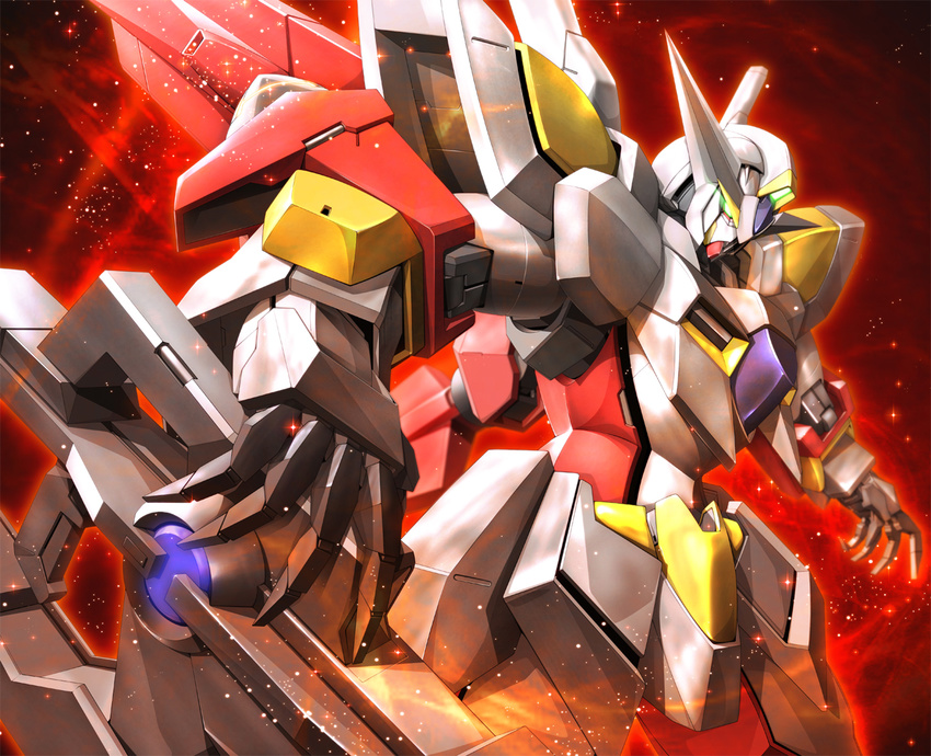 cowboy_shot glowing glowing_eyes green_eyes gun gundam gundam_00 holding holding_gun holding_weapon horns light_particles mecha no_humans reborns_gundam red solo sparkle standing weapon zb