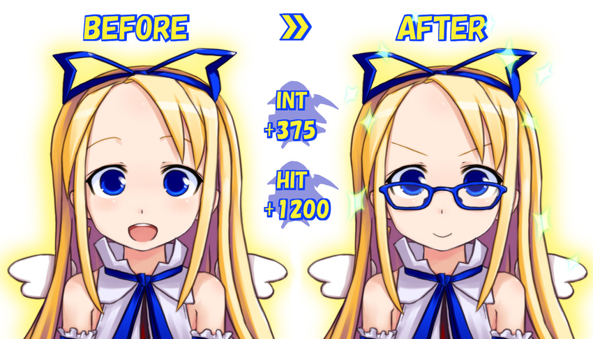 angel_wings bare_shoulders before_and_after bespectacled blonde_hair blue_eyes bow detached_sleeves disgaea flonne gameplay_mechanics glasses hair_bow kurabayashi_aya long_hair sparkle wings