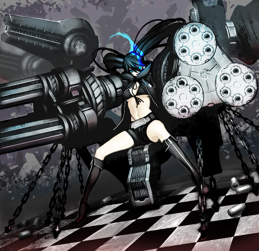 arm_cannon bikini_top black_hair black_rock_shooter black_rock_shooter_(character) boots breasts burning_eye chain checkered checkered_floor front-tie_top gatling_gun gun highres huge_weapon large_breasts long_hair machine_gun midriff navel perspective scar shell_casing shorts solo tsunekun twintails weapon