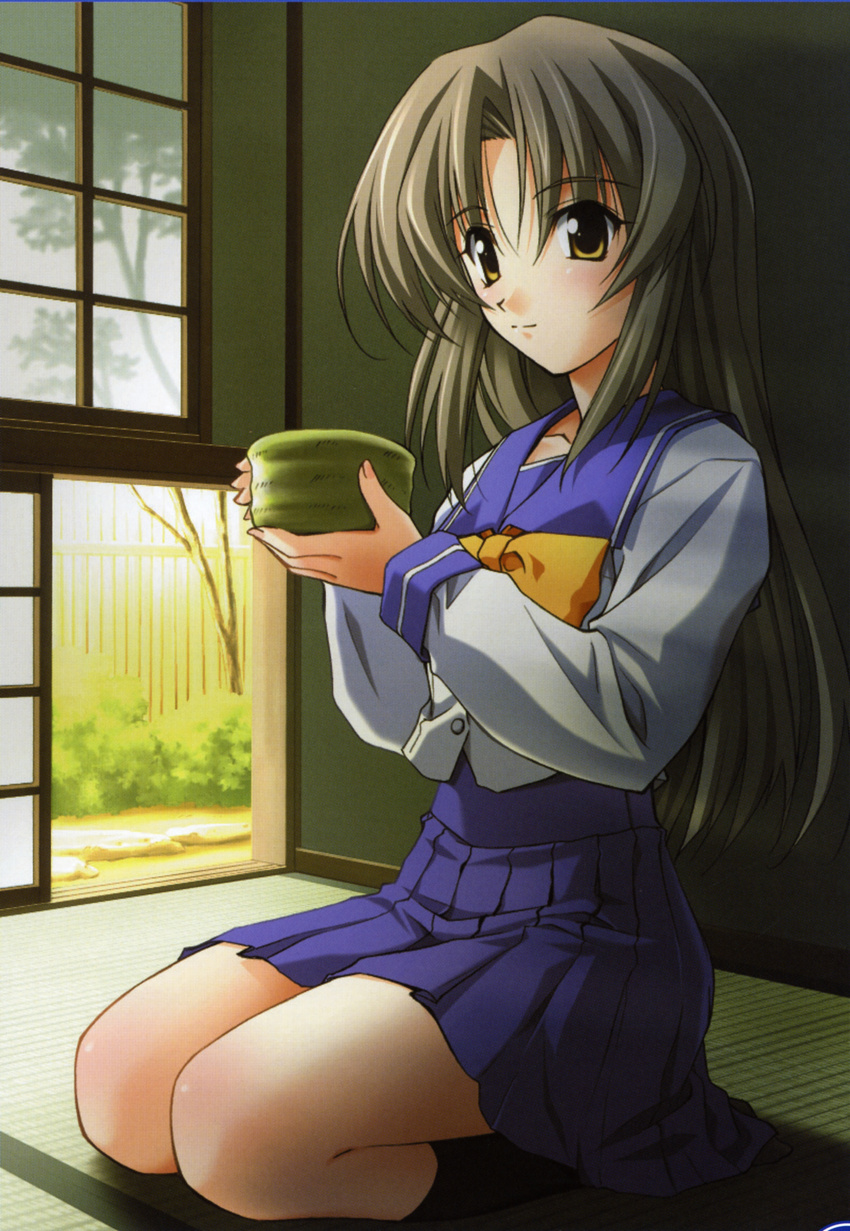 absurdres futami_shion green_tea highres long_hair matsuo_yukihiro memories_off ribbon school_uniform seiza serafuku silver_hair sitting skirt solo tatami tea yellow_eyes