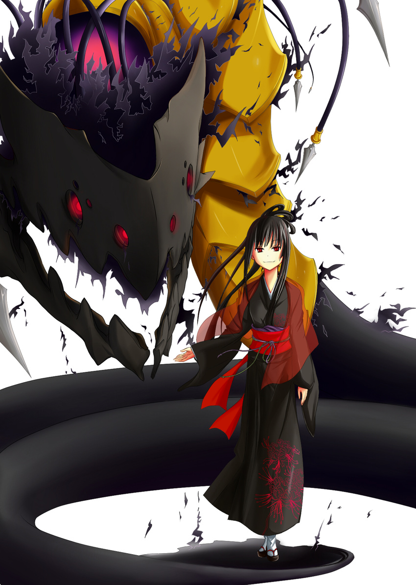 black_hair highres japanese_clothes kuro_(jyupiter) long_hair monster original red_eyes solo