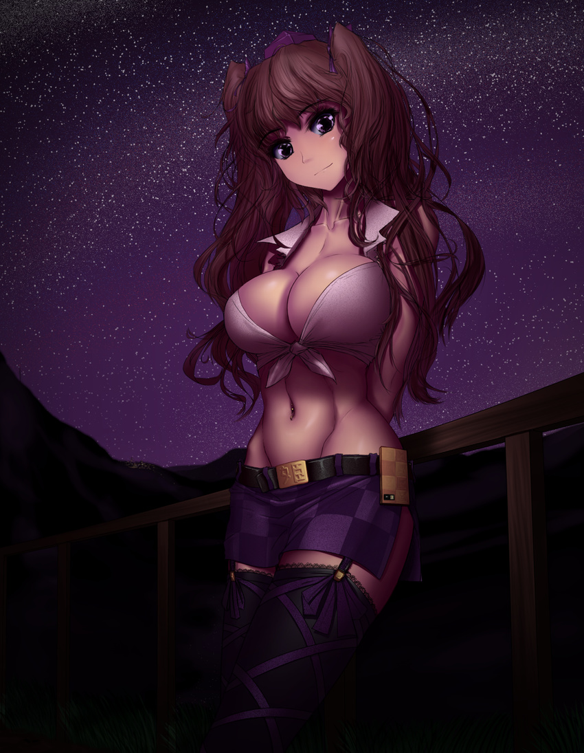 adapted_costume belt black_legwear breasts brown_hair cellphone city_lights cleavage collarbone eyeliner fence front-tie_top garter_straps grass groin hair_ribbon hat hater_(hatater) head_tilt highres himekaidou_hatate large_breasts long_hair looking_at_viewer makeup midriff miniskirt mountain navel_piercing neck night night_sky non-web_source outdoors phone piercing purple_eyes ribbon shirt silhouette skirt sky sleeveless smile solo star_(sky) starry_sky thighhighs thighs tied_shirt tokin_hat toned touhou twintails valley very_long_hair