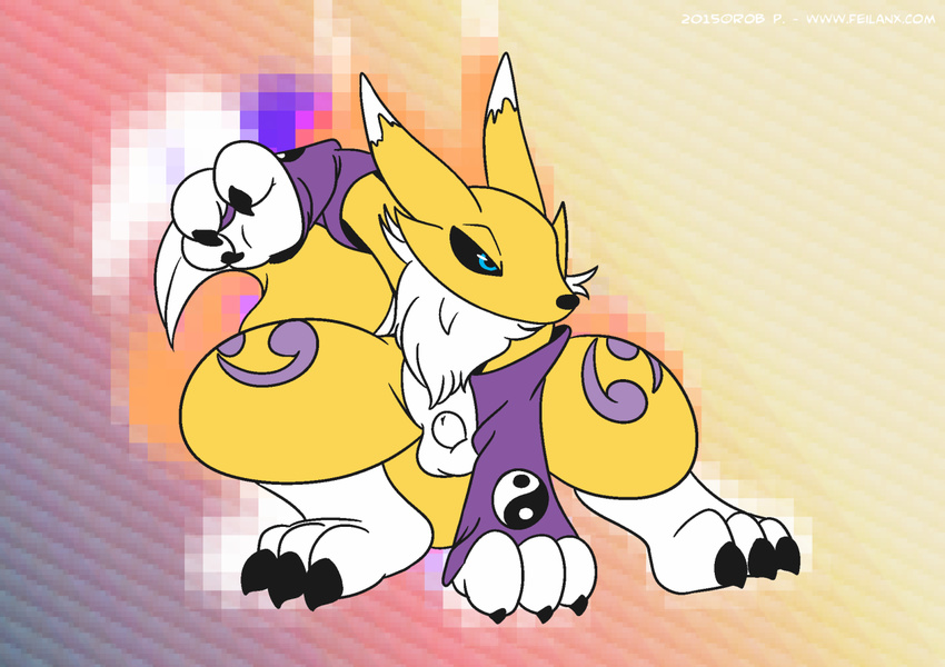 3_toes abstract_background anthro balls bandai black_nose blue_eyes canine chest_tuft claws digimon fox fully_sheathed fur male mammal mrpandragon nude pose renamon sheath solo toe_claws toes tuft yellow_fur