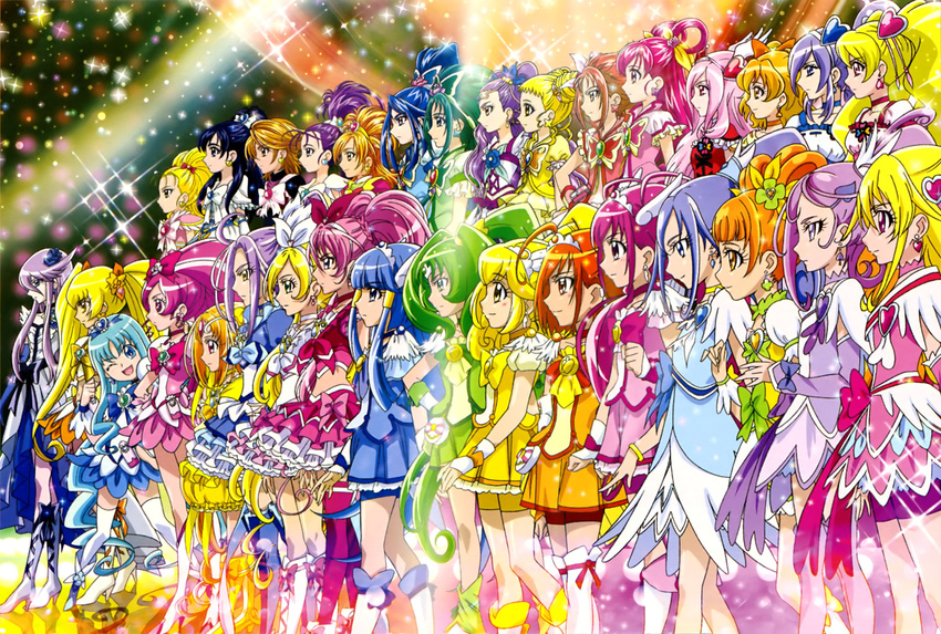 aida_mana akimoto_komachi aoki_reika aono_miki aoyama_mitsuru blonde_hair blue_choker blue_eyes blue_hair blue_shorts bow brown_eyes brown_hair choker cure_aqua cure_beat cure_beauty cure_berry cure_black cure_bloom cure_blossom cure_diamond cure_dream cure_egret cure_happy cure_heart cure_lemonade cure_march cure_marine cure_melody cure_mint cure_moonlight cure_muse_(yellow) cure_passion cure_peace cure_peach cure_pine cure_rhythm cure_rosetta cure_rouge cure_sunny cure_sunshine cure_sword cure_white dokidoki!_precure earrings flower fourth_wall fresh_precure! futari_wa_precure futari_wa_precure_max_heart futari_wa_precure_splash_star green_choker green_eyes green_hair green_skirt hair_flaps hair_flower hair_ornament hanasaki_tsubomi heart heart_hair_ornament heartcatch_precure! higashi_setsuna highres hino_akane_(smile_precure!) hishikawa_rikka hoshizora_miyuki houjou_hibiki hyuuga_saki jewelry kasugano_urara_(yes!_precure_5) kenzaki_makoto kise_yayoi kurokawa_eren kurumi_erika midorikawa_nao milk_(yes!_precure_5) milky_rose mimino_kurumi minamino_kanade minazuki_karen mishou_mai misumi_nagisa momozono_love multiple_girls myoudouin_itsuki natsuki_rin official_art one_eye_closed orange_choker orange_eyes orange_hair pink_bow pink_choker pink_eyes pink_hair pink_shorts pink_skirt pink_sleeves precure precure_all_stars purple_choker purple_eyes purple_hair red_shorts ribbon seiren_(suite_precure) shirabe_ako short_hair shorts shorts_under_skirt skirt smile_precure! suite_precure tiara tsukikage_yuri white_choker yamabuki_inori yellow_bow yellow_choker yellow_eyes yellow_shorts yellow_skirt yes!_precure_5 yes!_precure_5_gogo! yotsuba_alice yukishiro_honoka yumehara_nozomi