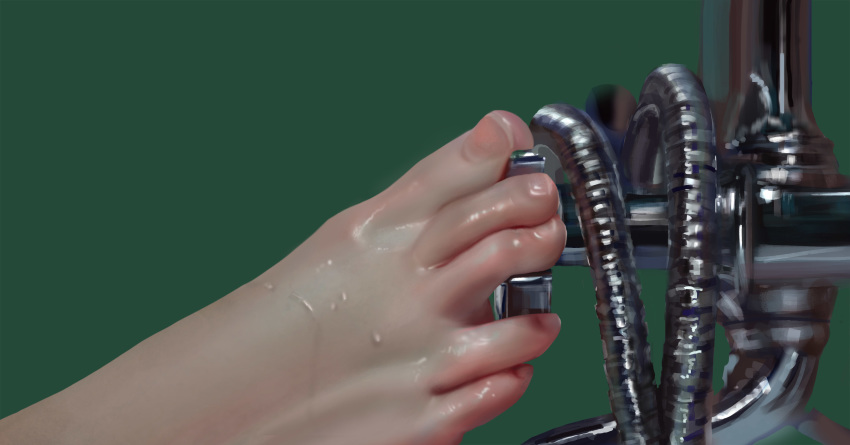 1girl absurdres barefoot close-up faucet feet feet_only green_background highres original out_of_frame qizhu simple_background solo toenails toes wet