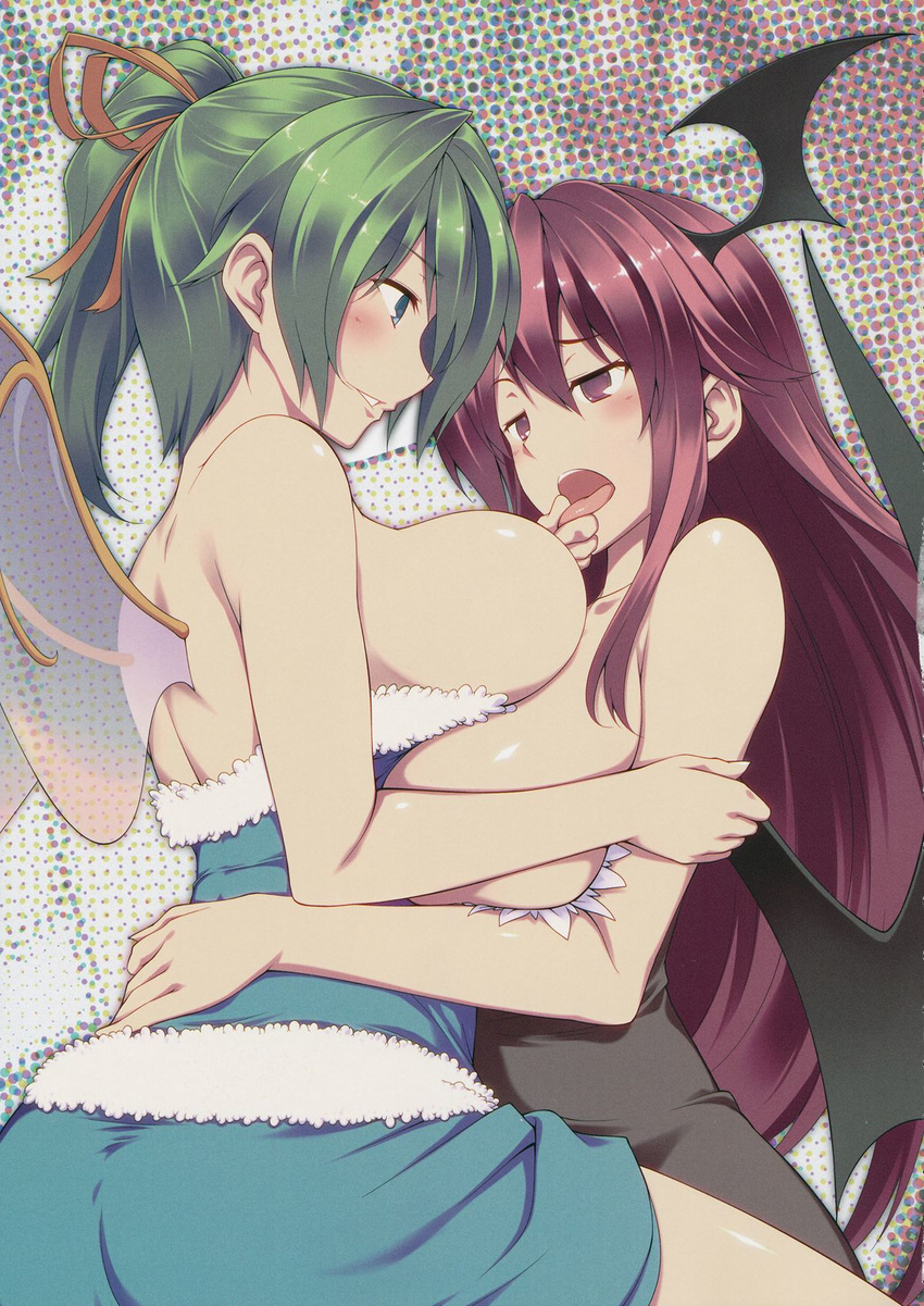 alternate_costume back bat_wings blush bow breasts cleavage daiyousei dress face-to-face fairy fairy_wings green_hair hair_bow hair_ornament head_wings highres huge_breasts koakuma long_hair looking_at_another multiple_girls non-web_source open_mouth ponytail profile red_eyes red_hair scan shirt skirt skirt_set tongue tongue_grab tongue_out touhou tro wings yuri