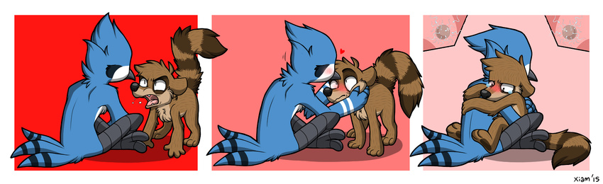 &lt;3 2015 affection all_fours anthro avian bird blue_feathers blue_jay blush brown_fur cartoon_network chest_tuft comic crying cum cute edit egg female fur grabbing hug impregnation internal kissing male mammal mordecai_(regular_show) open_mouth plain_background raccoon regular_show rigby_(regular_show) sitting tears tongue tuft xiamtheferret