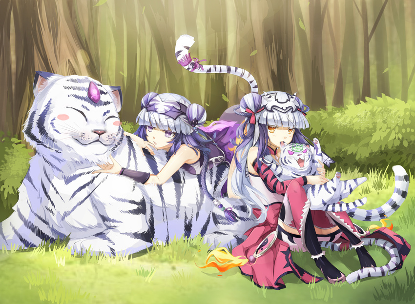 bracelet cauchemar_(p&amp;d) chinese_clothes double_bun dual_persona hair_ornament haku_(p&amp;d) headdress highres jewelry long_hair m-musume_(catbagel) multicolored_hair multiple_girls open_mouth pentagram purple_eyes purple_hair puzzle_&amp;_dragons silver_hair tail thighhighs tiger tiger_tail two-tone_hair yellow_eyes