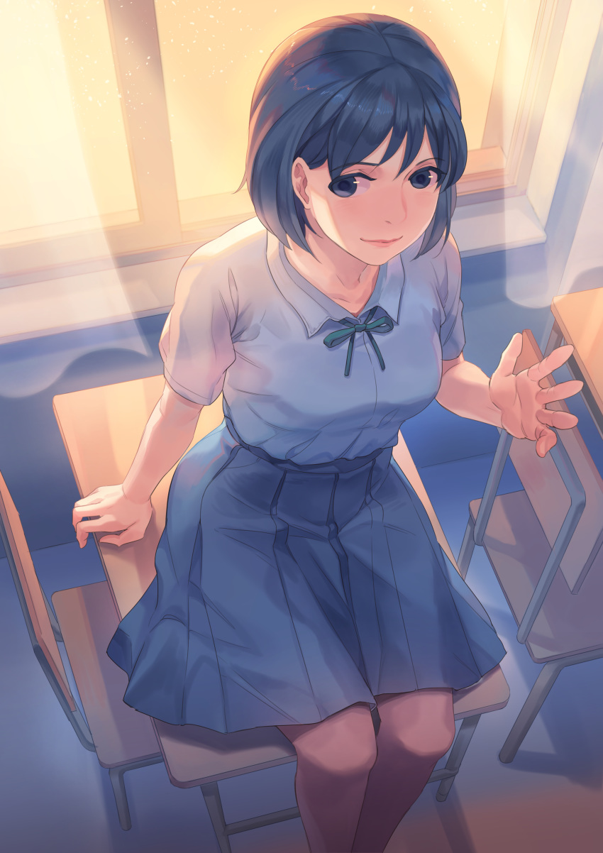 1girl absurdres arm_support backlighting blue_eyes blue_hair blush breasts chair classroom curtains desk dress_shirt from_above hair_between_eyes hand_up highres indoors legs_together light_smile lips looking_at_viewer medium_breasts mkkun neck_ribbon on_desk original pantyhose pleated_skirt reaching_out ribbon school_chair school_desk school_uniform shirt short_hair short_sleeves sitting skirt solo sunlight sunset window