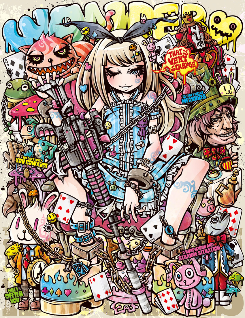 :3 alice_(wonderland) alice_in_wonderland arm_strap bangs blue_eyes blunt_bangs bottle bracelet brooch bullet_hole bunny card chain cheshire_cat cuffs dress facial_tattoo fangs fish frilled_dress frills frog gun hair_ornament hair_ribbon hairclip hat highres jewelry light_brown_hair looking_at_viewer mad_hatter mask mushroom one_eye_closed original pig playing_card project.c.k. queen_of_hearts ribbon ring screw shoes sitting spread_legs stuffed_animal stuffed_bunny stuffed_toy submachine_gun tattoo top_hat watch weapon |_|