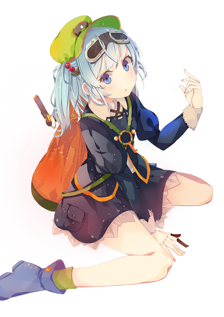 :o absurdres backpack bag benio_(dontsugel) blue_eyes blue_footwear blue_hair boots collared_shirt derivative_work dress dress_shirt goggles goggles_on_head green_legwear hair_bobbles hair_ornament hair_ribbon hand_up hat highres kawashiro_nitori key long_sleeves looking_at_viewer open_mouth pocket ribbon shirt short_hair simple_background sitting skirt skirt_set socks solo touhou two_side_up wariza white_background white_shirt