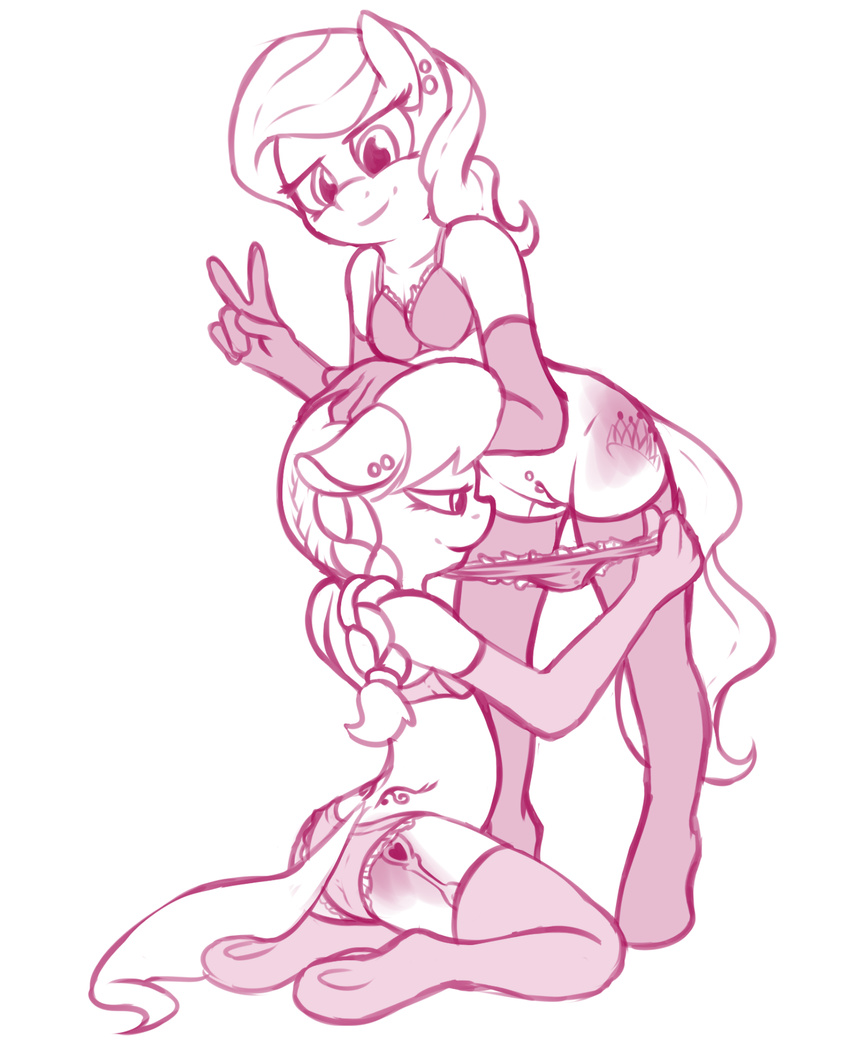 anthro anthrofied arm_warmers bra clothing cutie_mark diamond_tiara_(mlp) ear_piercing equine fearingfun female female/female friendship_is_magic half-closed_eyes horse legwear looking_at_viewer mammal monochrome my_little_pony panties panties_down peace_sign piercing plain_background pony pussy silver_spoon_(mlp) smile thigh_highs underwear vaginal_piercing white_background