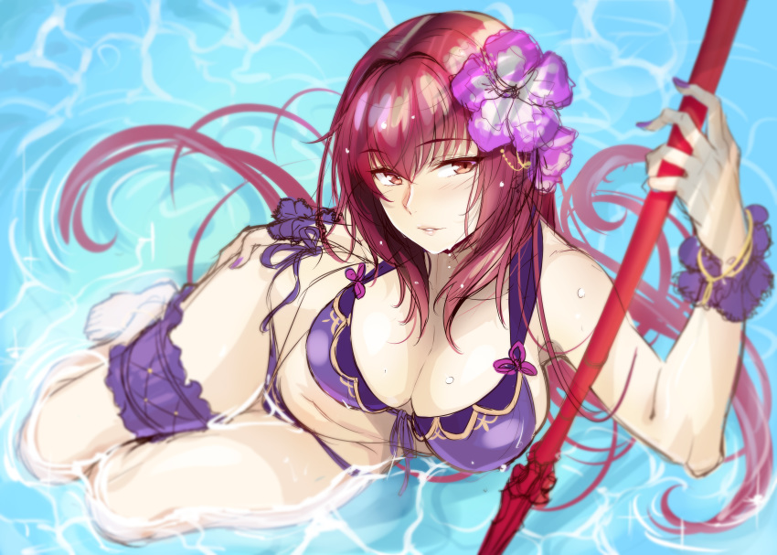 1girl absurdres bangs bare_shoulders bikini breasts cleavage collarbone commentary fate/grand_order fate_(series) flower gae_bolg hair_between_eyes hair_flower hair_ornament hand_on_hip highres hips large_breasts leg_garter long_hair looking_at_viewer lying nail_polish okitakung on_side parted_lips pink_lips polearm purple_bikini purple_hair purple_nails red_eyes scathach_(fate)_(all) scathach_(fate/grand_order) scathach_(swimsuit_assassin)_(fate) side-tie_bikini smile solo swimsuit thighs weapon wet wrist_cuffs