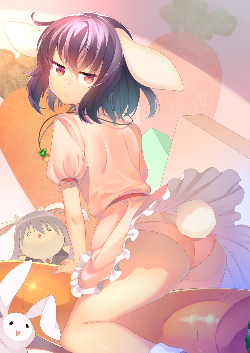 absurdres animal_ears ass bunny bunny_ears bunny_tail carrot carrot_pillow character_doll dress from_behind highres inaba_tewi jewelry jitome kneeling looking_at_viewer looking_back necklace niwashi_(yuyu) panties pantyshot pantyshot_(kneeling) pendant pillow pink_dress puffy_short_sleeves puffy_sleeves purple_hair red_eyes reisen_udongein_inaba short_sleeves solo tail touhou underwear upskirt