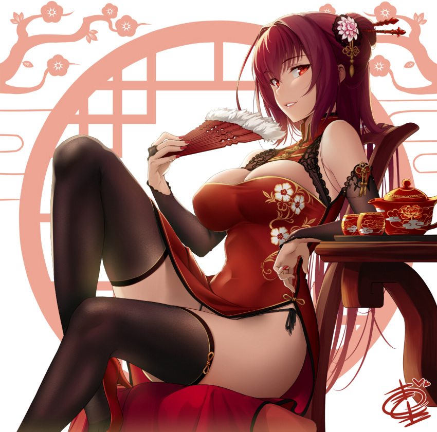 black_legwear black_panties breasts chair china_dress chinese_clothes cleavage covered_navel cup dress fan fate/grand_order fate_(series) fingernails floral_print folding_fan hair_ornament hair_stick heart high_heels highres indoors knee_up large_breasts leaning_back long_hair looking_at_viewer nail_polish okitakung panties parted_lips pumps purple_hair red_dress red_eyes red_nails scathach_(fate)_(all) scathach_(fate/grand_order) shoes side-tie_panties side_slit sitting smile solo string_panties table teapot thighhighs underwear white_background