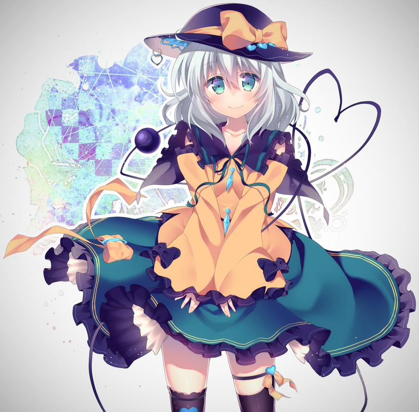 aqua_eyes black_legwear bow hat hat_bow heart heart_of_string highres komeiji_koishi long_sleeves looking_at_viewer niwashi_(yuyu) shirt silver_hair skirt smile solo thigh_strap thighhighs third_eye touhou wide_sleeves zettai_ryouiki