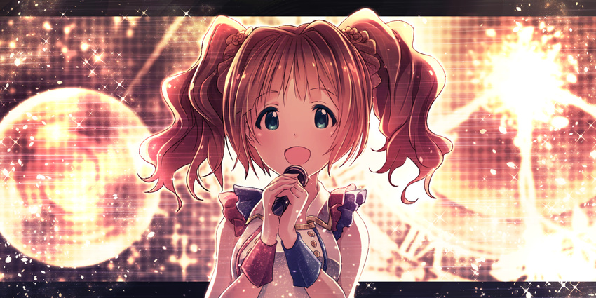 bare_shoulders blush brown_hair green_eyes highres idolmaster idolmaster_(classic) idolmaster_2 ima_(lm_ew) long_hair microphone music open_mouth scrunchie singing smile solo takatsuki_yayoi twintails wrist_cuffs