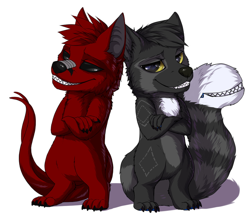 2_tails anthro black_eyes chibi couple coyrin crossed_arms damien demonic_fox_dragon djpandako grin hybrid looking_at_viewer male markings mouth_tail multiple_tails muzzle_scales smile smug wolfa zipper