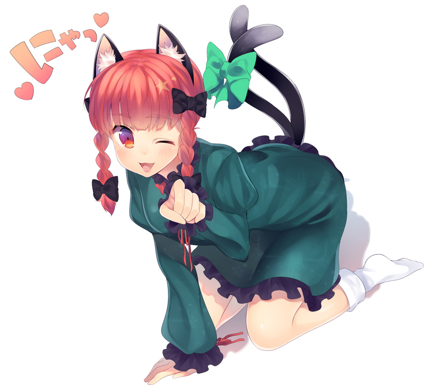 all_fours animal_ears bow braid cat_ears cat_tail dress green_dress hair_bow highres juliet_sleeves kaenbyou_rin long_sleeves multiple_tails nekomata niwashi_(yuyu) one_eye_closed open_mouth paw_pose puffy_sleeves red_eyes red_hair smile solo tail touhou twin_braids