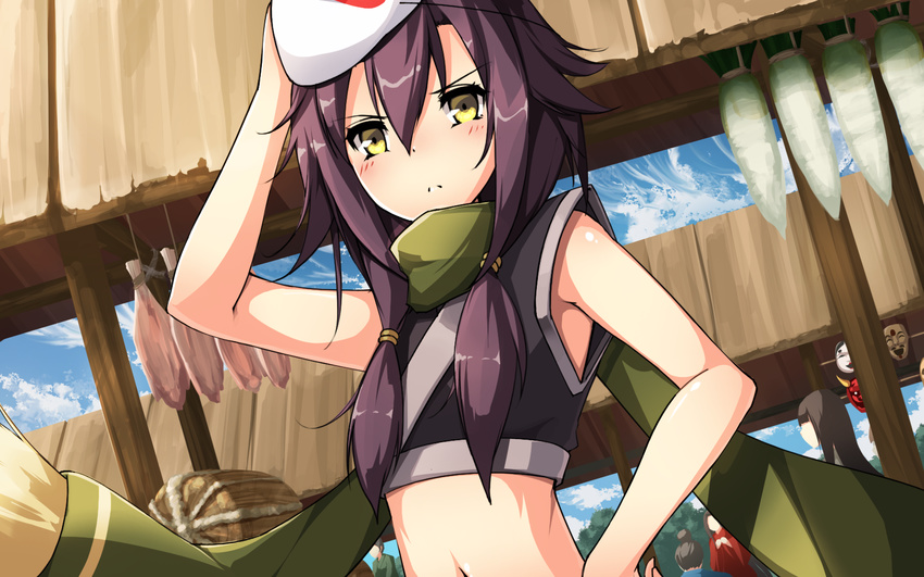 1girl blush closed_mouth female frown hand_on_hip looking_at_viewer mask mask_on_head midriff navel original purple_hair riburanomind solo twintails yellow_eyes