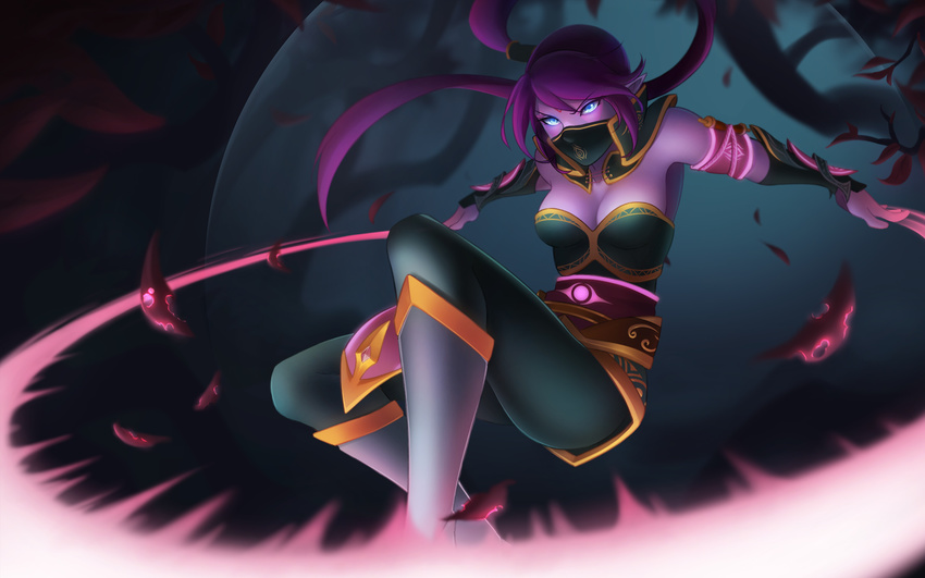 black_legwear blue_eyes covered_mouth defense_of_the_ancients dota_2 emi-tan highres lanaya long_hair ponytail purple_skin solo