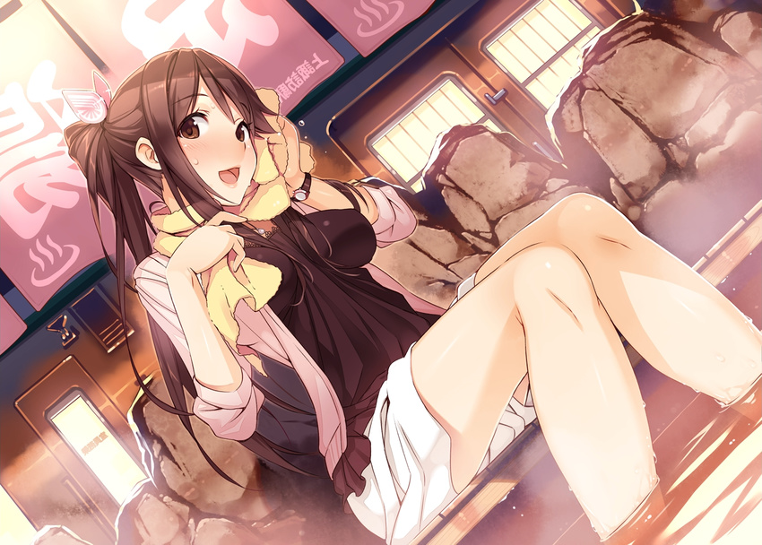 :d alternate_hairstyle blush breasts brown_eyes brown_hair dutch_angle end_card hair_ornament iida_nana impossible_clothes impossible_shirt long_hair looking_at_viewer medium_breasts onsen open_mouth ponytail rail_wars! shirt sitting skirt smile soaking_feet solo steam sweat towel towel_around_neck vania600 watch water wet wristwatch