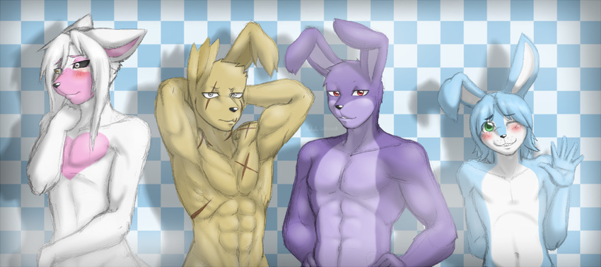 abs anthro biceps blush bonnie_(fnaf) canine cuts five_nights_at_freddy's five_nights_at_freddy's_2 five_nights_at_freddy's_3 fox fur hair lagomorph looking_at_viewer male mammal mangle_(fnaf) mist nude nukde pose rabbit scar shadow springtrap_(fnaf) toy_bonnie_(fnaf)