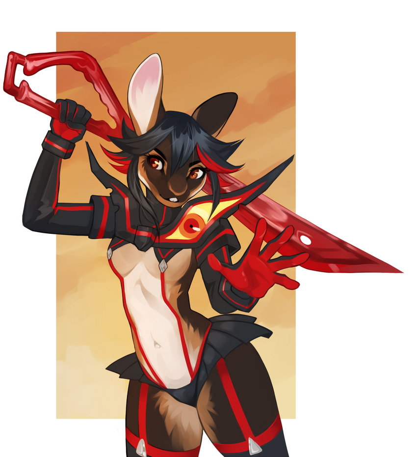 2015 anthro armor brown_eyes demicoeur female lagomorph mammal rabbit red_highlights skirt solo sword unconvincing_armor weapon
