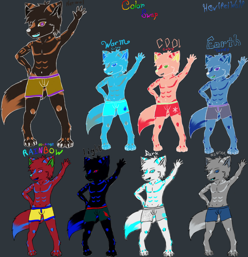 anthro boxers canine chibi clothed clothing color_swap cute english_text half-dressed howlfei howlfeiwolf invert inverted_color male mammal one_eye_closed open_mouth text underwear waving wink wolf