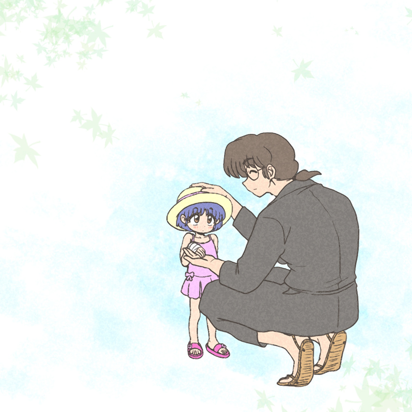 1girl bandages blue_hair blush brown_eyes brown_hair closed_eyes collarbone dougi dress glasses hand_on_another's_head hat highres holding_hand holding_hands injury looking_at_another looking_up low_ponytail ono_tofu ranma_1/2 sandals short_hair short_ponytail smile squatting sun_hat sundress tendou_akane wanta_(futoshi) younger